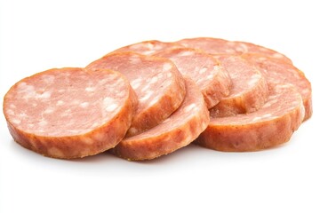 Obraz premium Sliced boiled pork sausage isolated on white background.