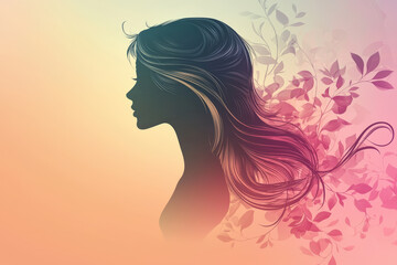 Elegant silhouette of woman with flowing hair surrounded by soft, colorful leaves, creating serene and artistic atmosphere. This design embodies beauty and grace