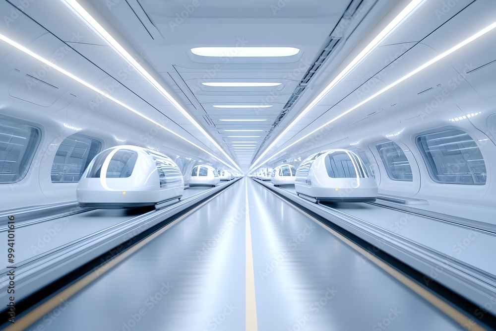 Poster futuristic transportation hub with autonomous vehicles hyperloop systems and drone delivery in a sle