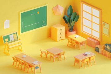 A bright, minimalistic classroom with yellow tones and simple furniture for learning.