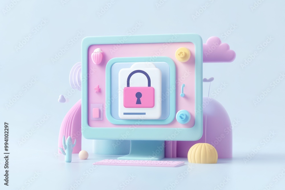 Poster a colorful 3d illustration of a computer screen with a lock symbol, representing cybersecurity.