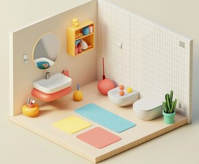 A colorful, modern bathroom scene featuring a sink, toilet, and decorative elements.