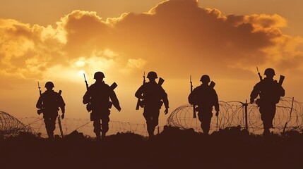 Silhouette of Soldiers Walking Across Battlefield at Sunset, Military Troops, Warfare, Combat, and Defense Scene, Generated AI