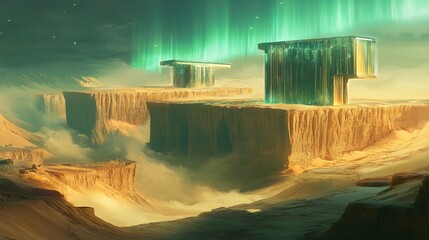 Landscape with Towering Structures on Cliffs, Glowing Northern Lights, Surreal and Mystical Fantasy Scene, Generated AI