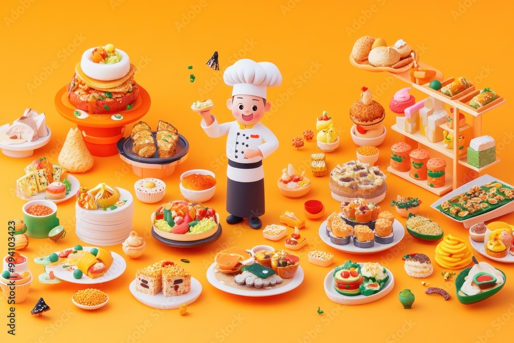 Poster A cheerful chef surrounded by an array of colorful, delicious-looking food items.