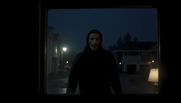 There is a psychopathic killer in a Demon mask standing in front of the house