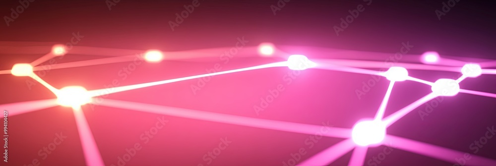 Poster glowing neon grid connection with bright nodes on dark background.