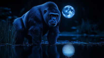 A serene blue-toned portrait of a gorilla by moonlight, ideal for wildlife conservation campaigns or nature-themed designs. Good for Wall Art, Poster Print, Wallpaper & Background