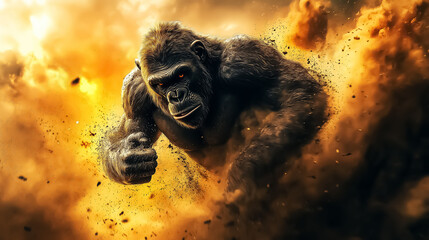 A dynamic, powerful ape amidst an explosive background, suitable for action movie promotions or video game design.