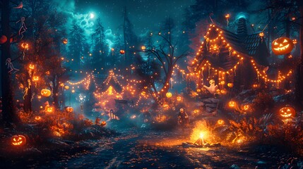 Fototapeta premium Teens gathered around a Halloween-themed campfire, surrounded by glowing pumpkins, ghost decorations, and skeletons hanging from trees, firelight flickering on their faces,