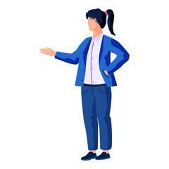 Person wearing blue suit and white shirt with one arm extended in gesture while other hand rests on hip. Ideal for business presentations, professional consultation, corporate training, formal