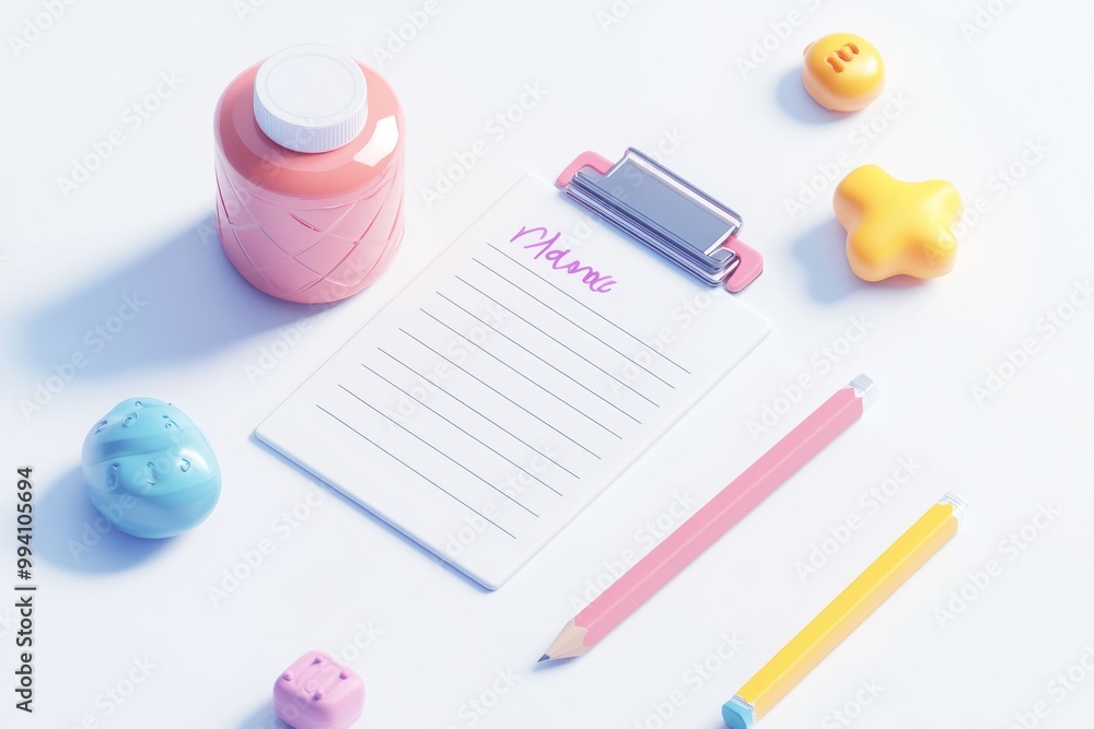 Poster a colorful workspace featuring a notepad, pencil, and playful objects for creative tasks.