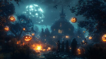 Fototapeta premium Teens gathered around a spooky Halloween bonfire, surrounded by glowing pumpkins, skeletons, and floating ghost decorations, firelight casting eerie shadows, mist rolling through the dark forest,