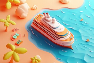 A vibrant, stylized cruise ship docked near a tropical beach with palm trees and water.