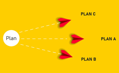 Red planes flying to alternative business plans.Alternative business plans.Business strategy, planning and decision making idea concept.