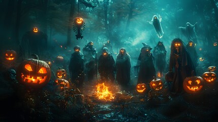 Teens gathered near a campfire on Halloween night, glowing jack-o'-lanterns surrounding them, skeletons hanging from nearby trees, ghost decorations floating above,