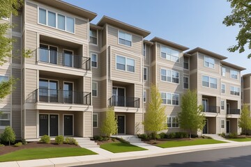 A modern multifamily building with beige Hardie plank siding, featuring balconies, windows, and a textured finish in a suburban neighborhood