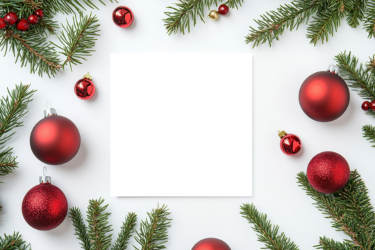 A festive holiday layout featuring red ornaments and green pine branches surrounding a blank  square for custom messages.