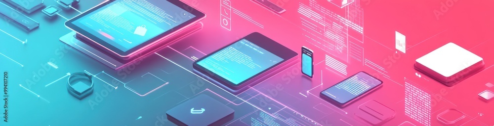 Poster digital devices and interfaces in a vibrant tech-themed design.