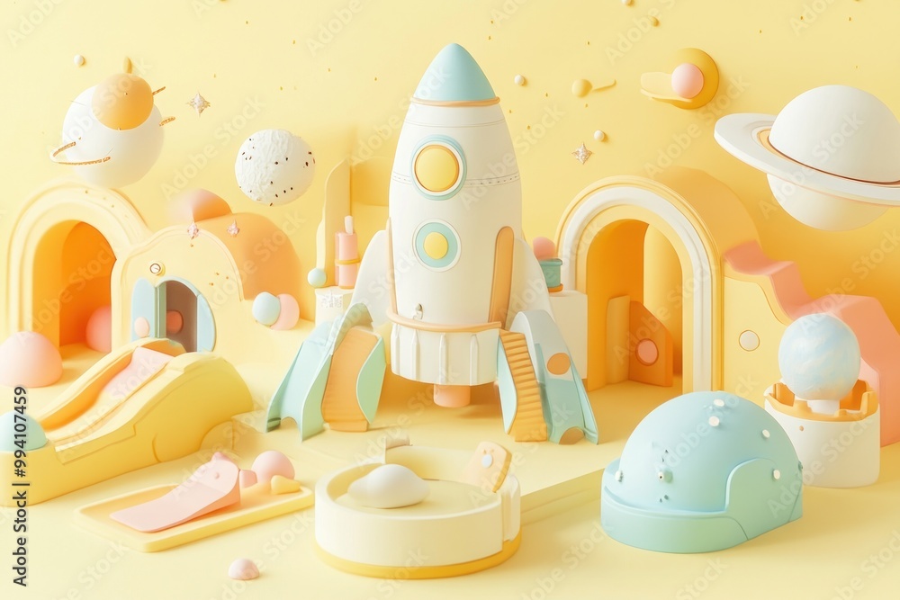 Poster a whimsical pastel scene featuring a rocket and playful structures in a celestial landscape.