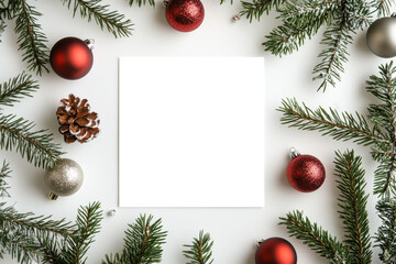 A festive border of pine branches, ornaments, and a pinecone surrounds a blank square, perfect for holiday message or photo.