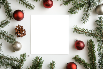 A festive border of pine branches, ornaments, and a pinecone surrounds a blank square, perfect for holiday message or photo.