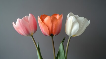 Fototapeta premium Elegant trio of pink, orange, white tulips on gray background
