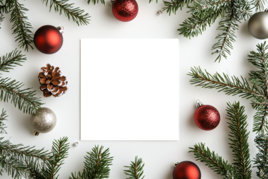 A festive border of pine branches, ornaments, and a pinecone surrounds a blank square, perfect for holiday message or photo.