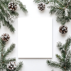 A minimalist winter-themed layout featuring pine branches and pinecones surrounding a blank  square, ideal for adding custom holiday messages or designs.