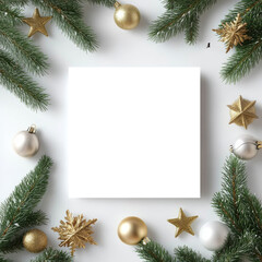 A festive arrangement featuring green pine branches, golden decorations, and a blank  square at the center, ideal for personalized holiday messages or images.