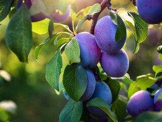 A tree full of ripe plums basking in the warm sunlight highlighting their rich hues.