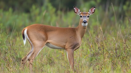 Fototapeta premium A graceful young white-tailed deer stands alert in a lush green meadow.