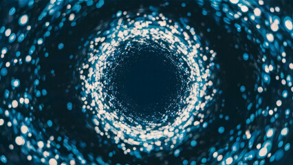A mesmerizing vortex-like structure made up of numerous glowing, circular particles. These particles are densely packed, creating a tunnel-like effect that draws the viewer's eye into its center. 