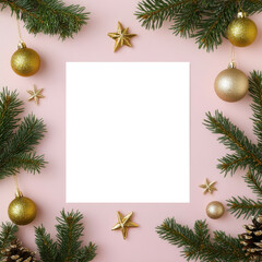 A festive arrangement featuring golden ornaments and evergreen foliage on a pink background, creating a cheerful holiday atmosphere.