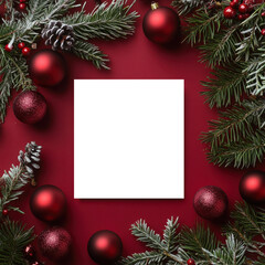 A festive arrangement featuring red ornaments and evergreen foliage on a deep red background, creating a perfect seasonal frame.