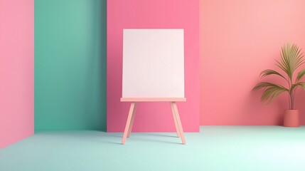 A minimalist art studio featuring a blank canvas on an easel amidst pastel-colored walls and a tranquil plant.