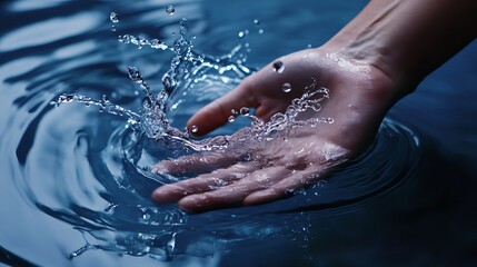 Fototapeta premium Hand Catching Splashing Water, Fresh Water Droplets, Clean Water, Hydration, Eco-Friendly Water Usage, Ripples on Water Surface, Generated AI
