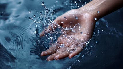 Fototapeta premium Close-Up of Hand Catching Splashing Water, Fresh Water Droplets, Clean Water, Hydration, Eco-Friendly Water Usage, Ripples on Water Surface, Generated AI
