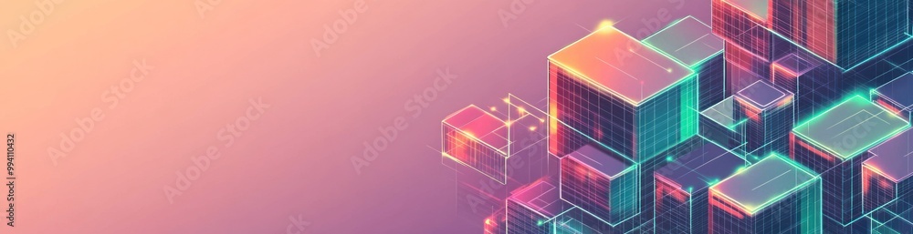 Poster abstract digital cubes with glowing edges against a gradient background.