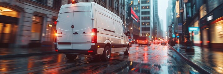 Express delivery van racing through city streets for timely deliveries and fast service