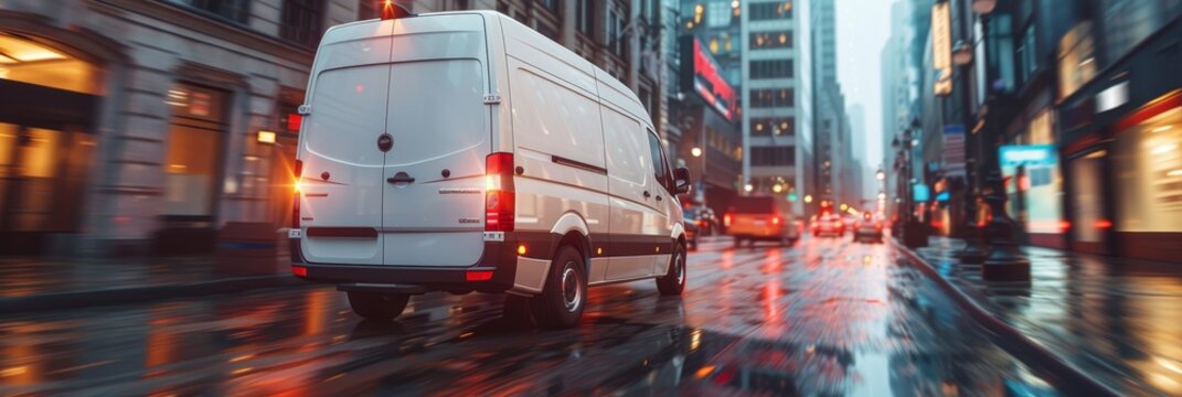 Express delivery van racing through city streets for timely deliveries and fast service