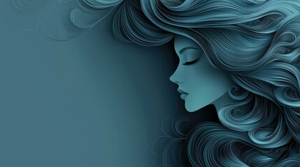 Elegant silhouette of woman with flowing, exaggerated hair in shades of teal, creating serene and artistic atmosphere. design captures beauty and grace in minimalist style