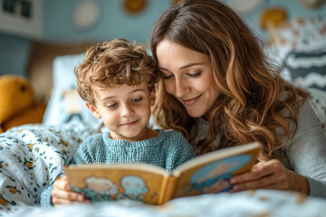 A mother and her son are reading a book together. The boy is wearing a blue sweater. © EJManzaneque