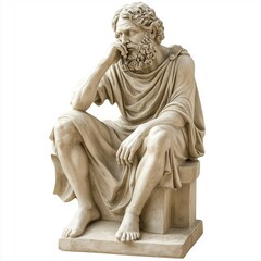 Classical sculpture of a seated, bearded man in a robe, deep in thought, detailed ancient style stone figure