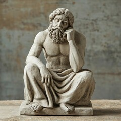 Fototapeta premium Ancient style sculpture of a seated, bearded man deep in thought, muscular and detailed stone carving art
