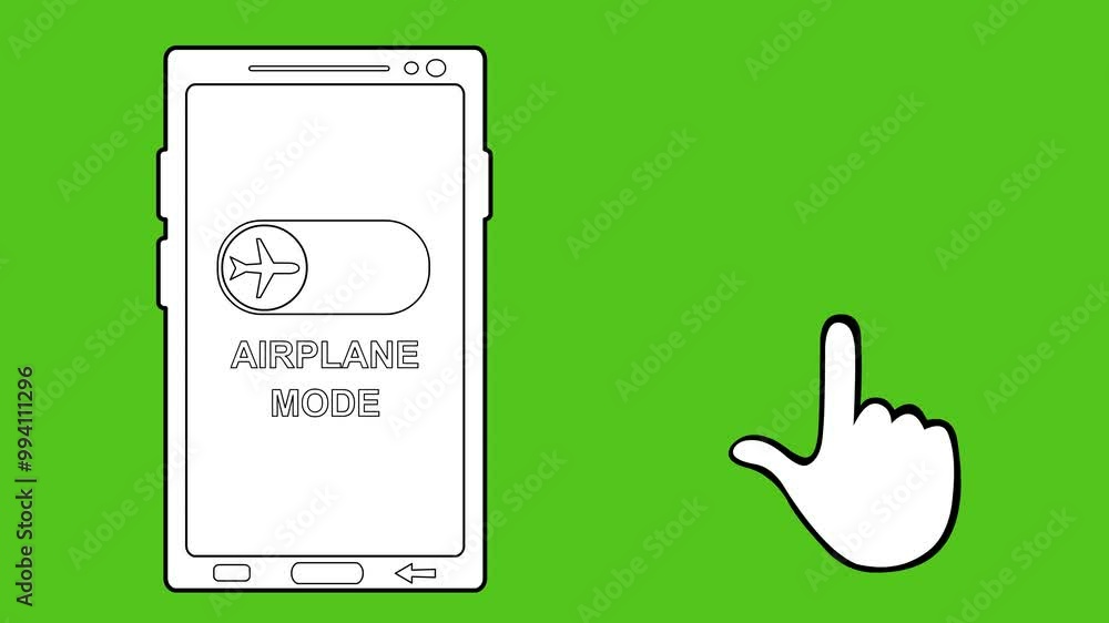 Poster video drawing animation hand pressing pressing airplane mode button, with with enabled and disabled 