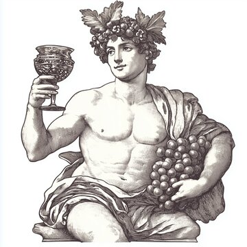 Mythological figure holding a goblet and grapes, symbolizing wine, harvest, and classical festivity
