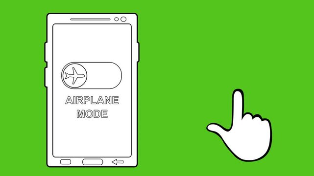 video drawing animation hand pressing pressing airplane mode button, with with enabled and disabled option, sketch drawn in black and white color. On green chroma key background