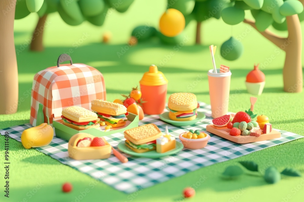 Wall mural A vibrant picnic scene featuring colorful food items on a checkered blanket under trees.