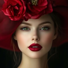 Elegant portrait of a woman with bold red lipstick and a red floral hat in a classic fashion style
